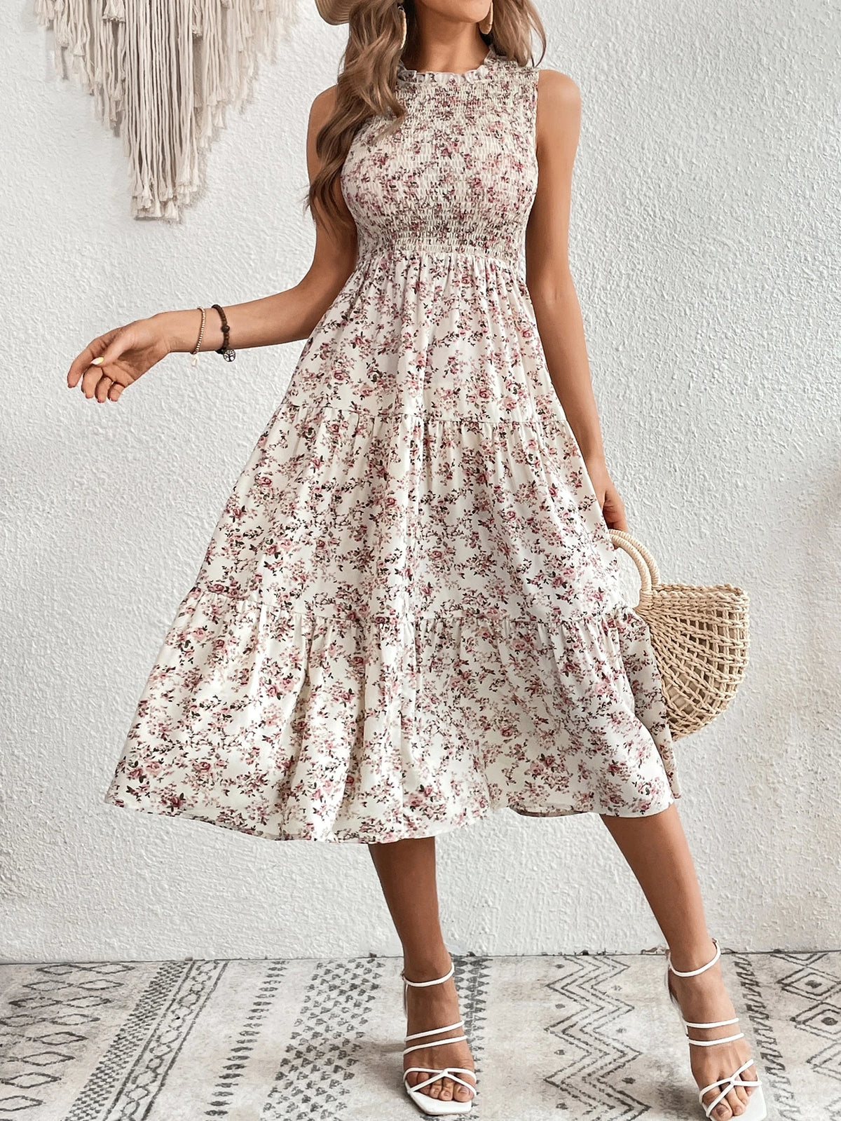 EMERY ROSE Floral Print Layered Hem Dress Maxi Vacation Beach Outfits Women