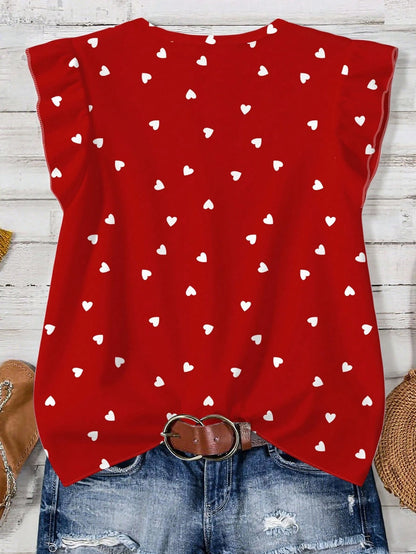 EMERY ROSE Plus Size Casual Heart Print Shirt, Suitable For Summer, Great Gift For Teachers Chic Blouses For WomenIn,Flower/Vacation/Spring Plus Size Tops Fall