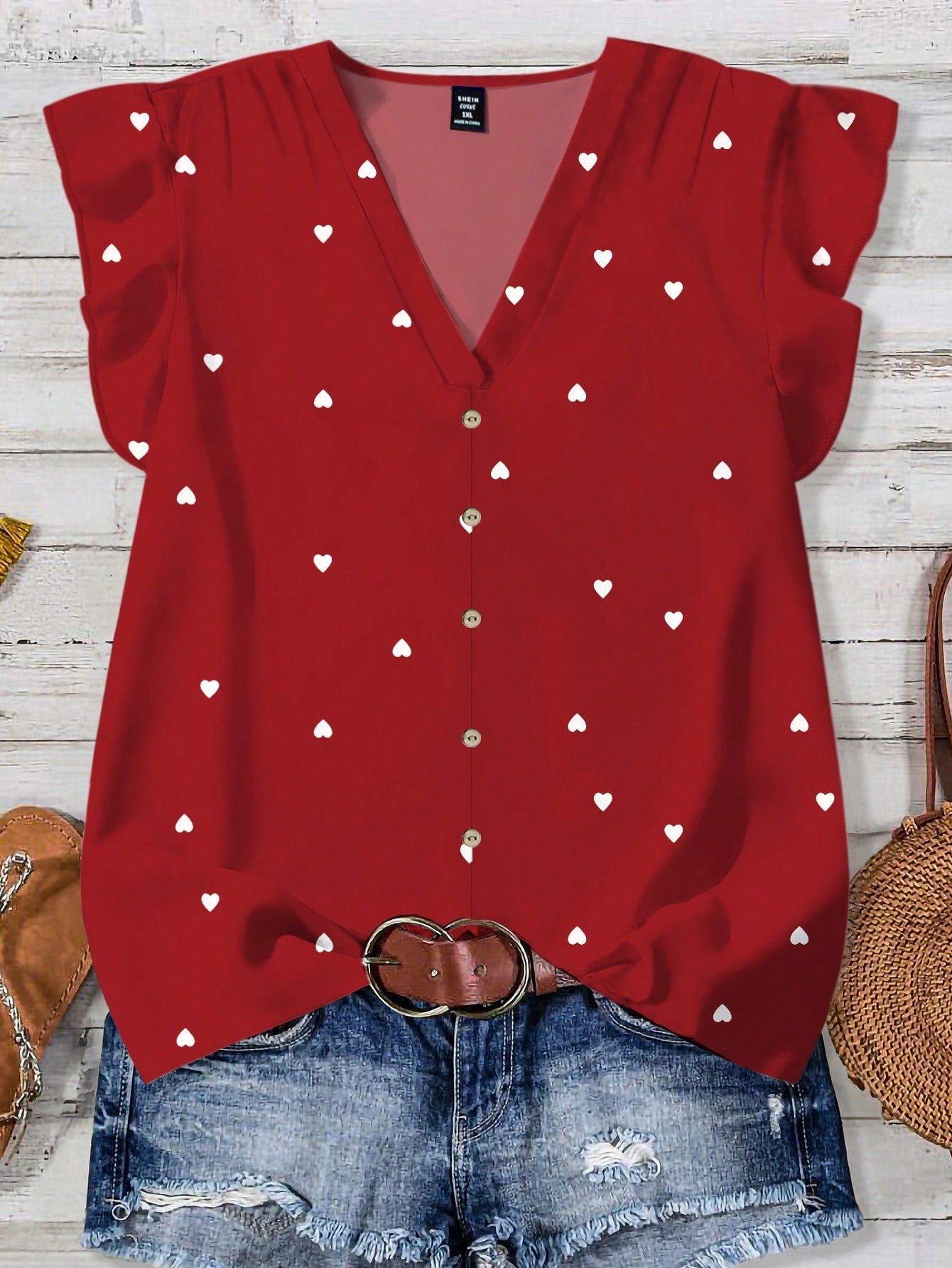 EMERY ROSE Plus Size Casual Heart Print Shirt, Suitable For Summer, Great Gift For Teachers Chic Blouses For WomenIn,Flower/Vacation/Spring Plus Size Tops Fall