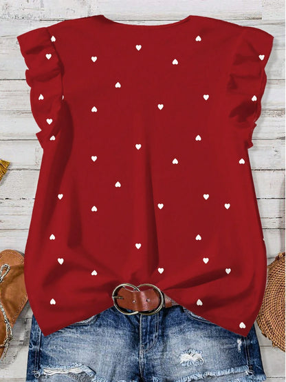 EMERY ROSE Plus Size Casual Heart Print Shirt, Suitable For Summer, Great Gift For Teachers Chic Blouses For WomenIn,Flower/Vacation/Spring Plus Size Tops Fall
