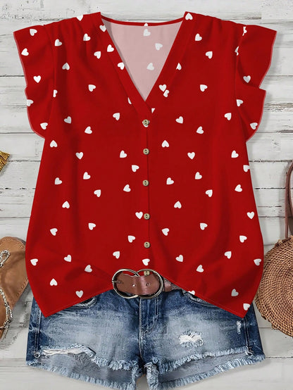 EMERY ROSE Plus Size Casual Heart Print Shirt, Suitable For Summer, Great Gift For Teachers Chic Blouses For WomenIn,Flower/Vacation/Spring Plus Size Tops Fall