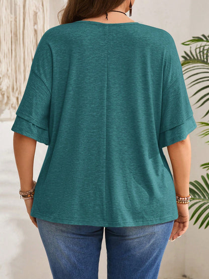 EMERY ROSE Plus Size Casual Solid Color V-Neck Ruffle Sleeve T-Shirt Teal