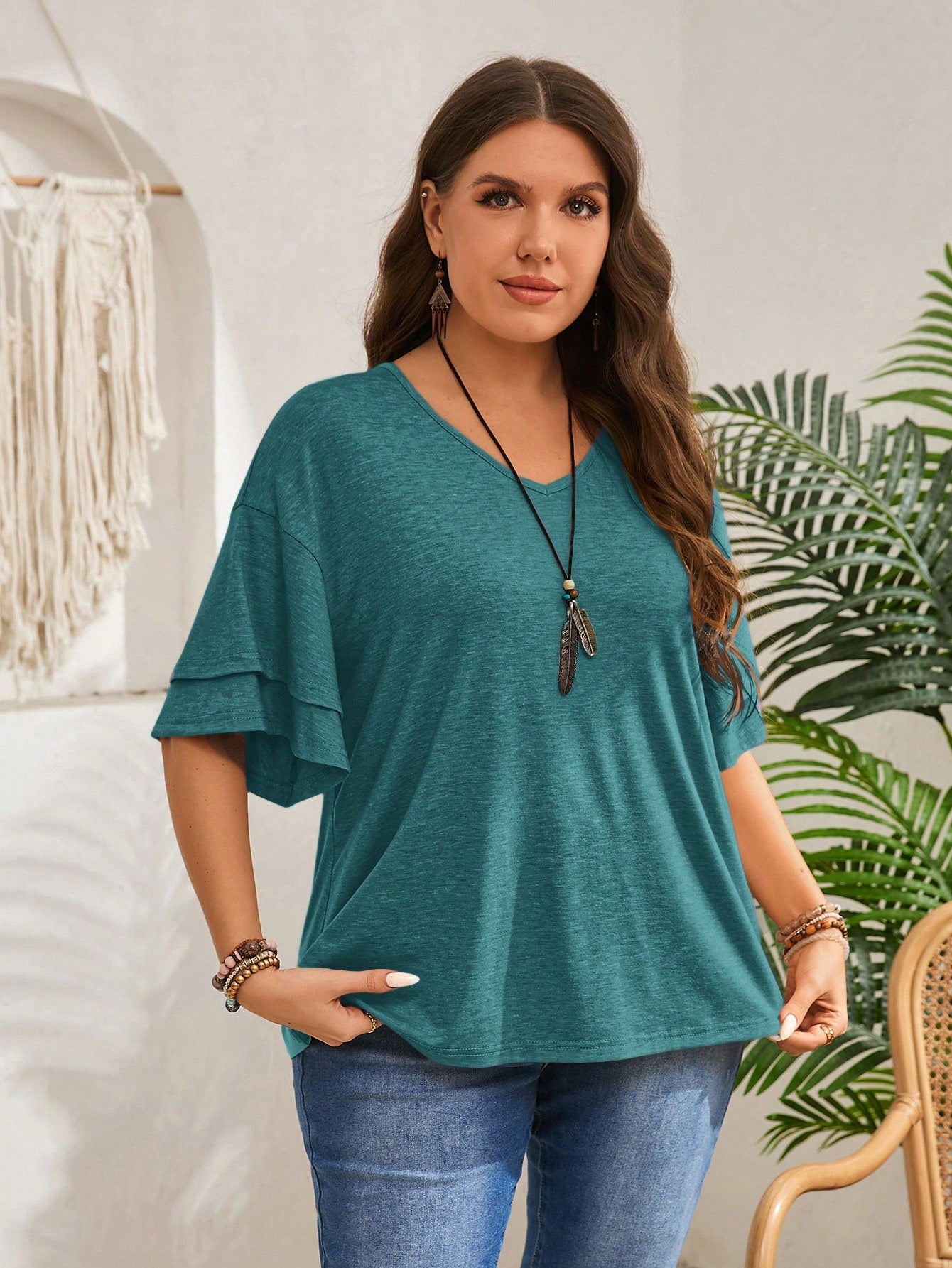 EMERY ROSE Plus Size Casual Solid Color V-Neck Ruffle Sleeve T-Shirt Teal