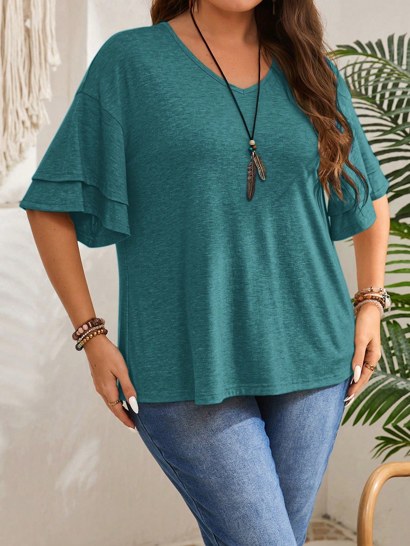 EMERY ROSE Plus Size Casual Solid Color V-Neck Ruffle Sleeve T-Shirt Teal