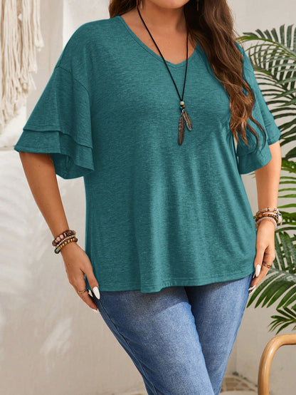 EMERY ROSE Plus Size Casual Solid Color V-Neck Ruffle Sleeve T-Shirt Teal