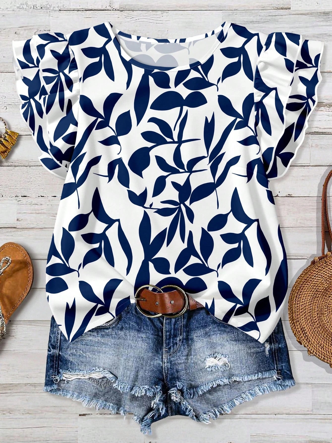 EMERY ROSE Plus Size Casual Vacation Floral Print Cap Sleeve Shirt