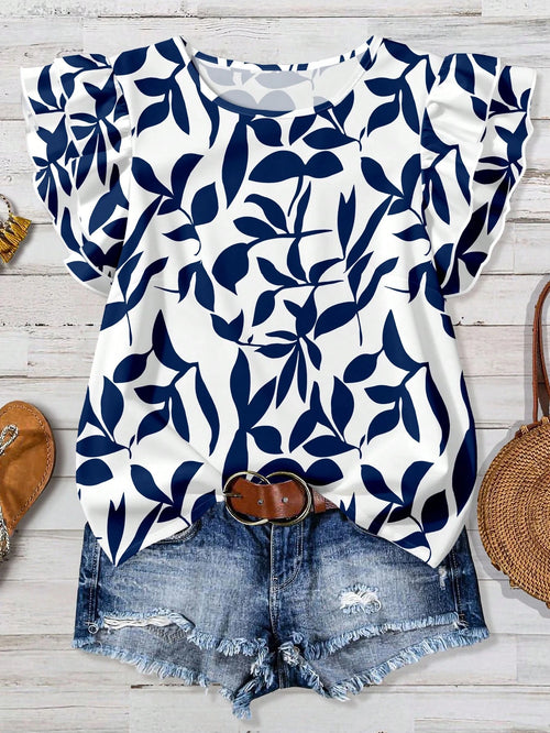 EMERY ROSE Plus Size Casual Vacation Floral Print Cap Sleeve Shirt