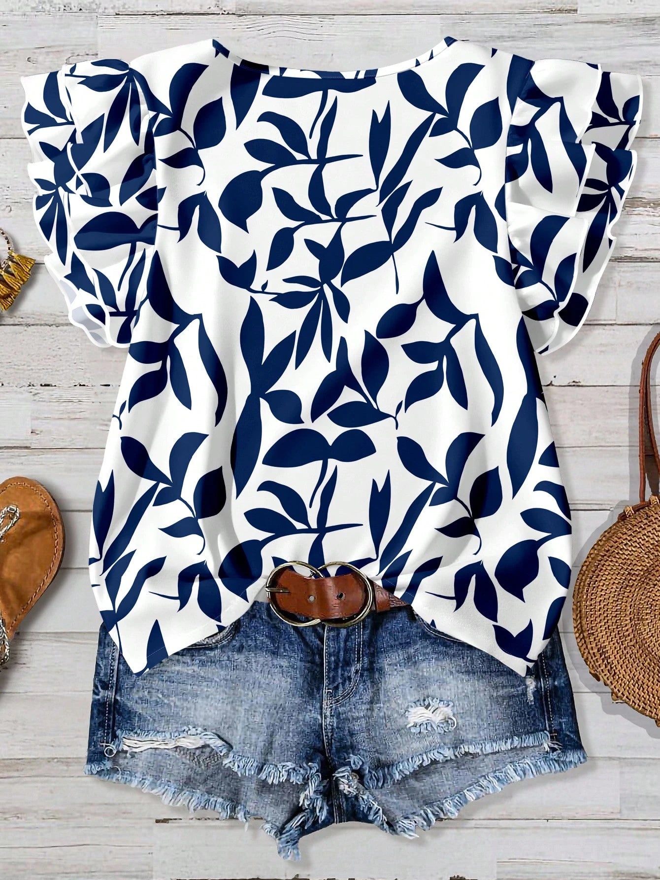 EMERY ROSE Plus Size Casual Vacation Floral Print Cap Sleeve Shirt