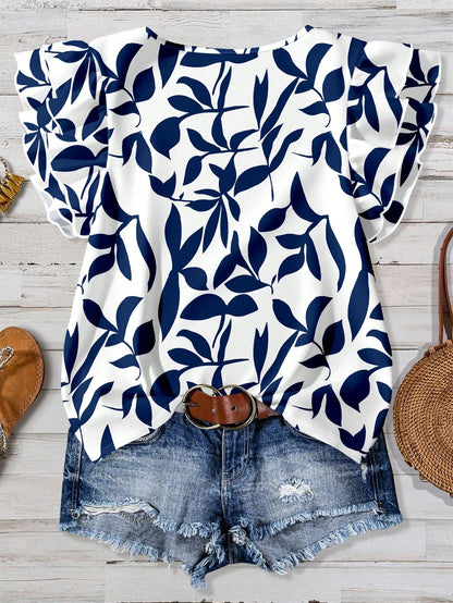 EMERY ROSE Plus Size Casual Vacation Floral Print Cap Sleeve Shirt