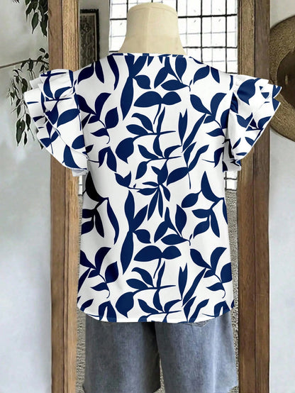 EMERY ROSE Plus Size Casual Vacation Floral Print Cap Sleeve Shirt