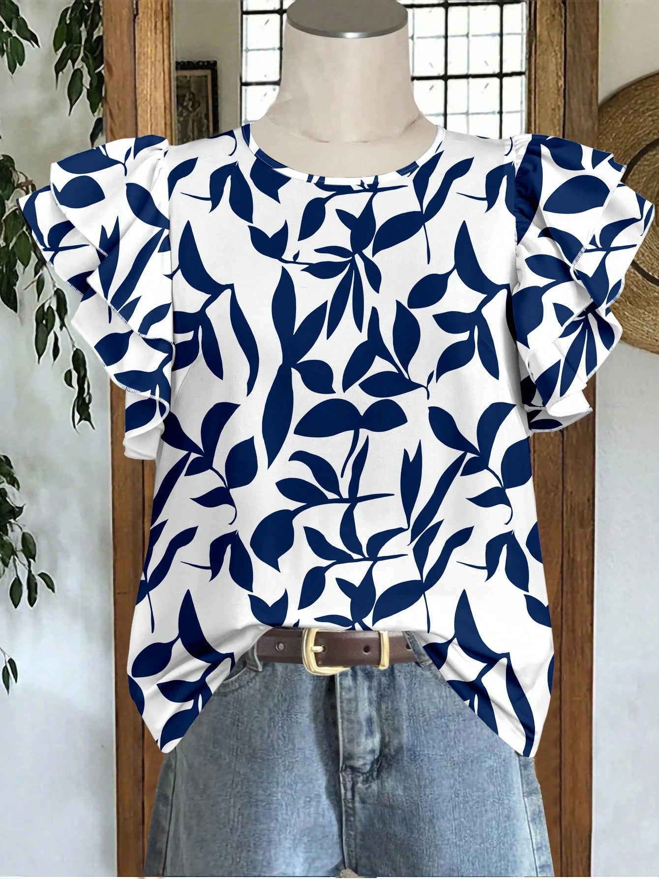 EMERY ROSE Plus Size Casual Vacation Floral Print Cap Sleeve Shirt
