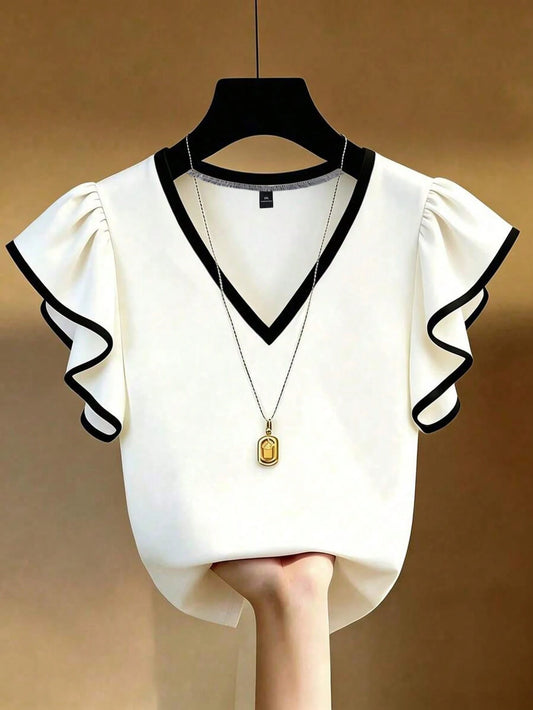 EMERY ROSE Plus Size French Elegant V-Neck Black & White Contrast Ruffle Trim Short Sleeve T-Shirt, Slim Fit Co