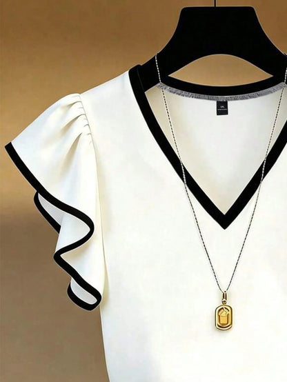 EMERY ROSE Plus Size French Elegant V-Neck Black & White Contrast Ruffle Trim Short Sleeve T-Shirt, Slim Fit Co