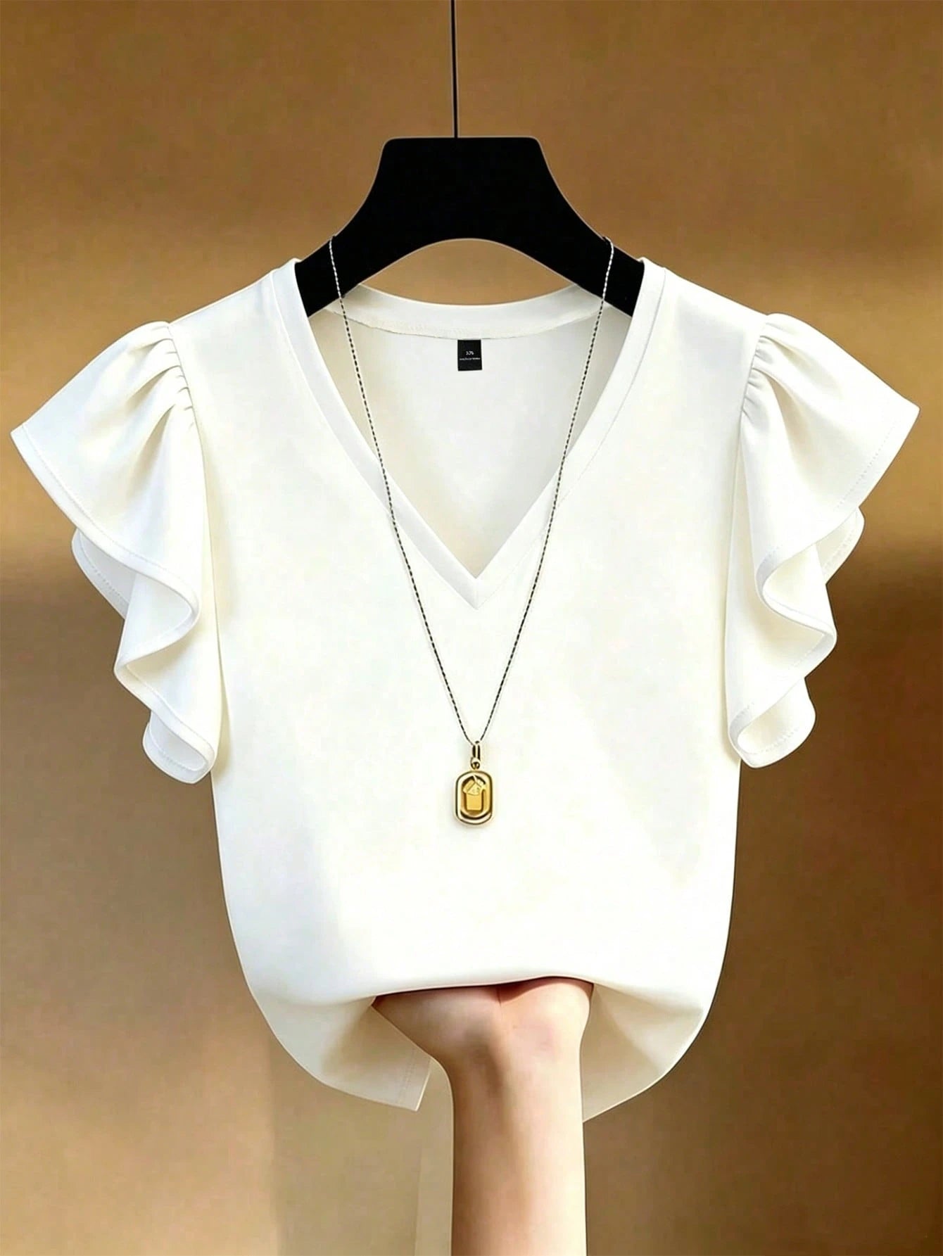 EMERY ROSE Plus Size French Elegant V-Neck Black & White Contrast Ruffle Trim Short Sleeve T-Shirt, Slim Fit Co