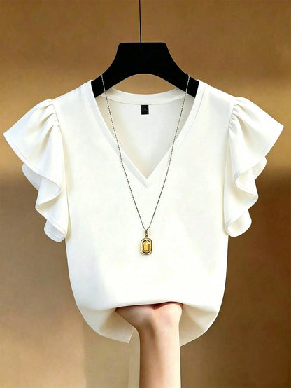 EMERY ROSE Plus Size French Elegant V-Neck Black & White Contrast Ruffle Trim Short Sleeve T-Shirt, Slim Fit Co