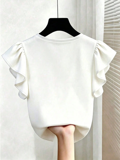 EMERY ROSE Plus Size French Elegant V-Neck Black & White Contrast Ruffle Trim Short Sleeve T-Shirt, Slim Fit Co
