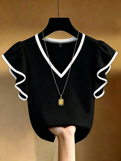 EMERY ROSE Plus Size French Elegant V-Neck Black & White Contrast Ruffle Trim Short Sleeve T-Shirt, Slim Fit Co