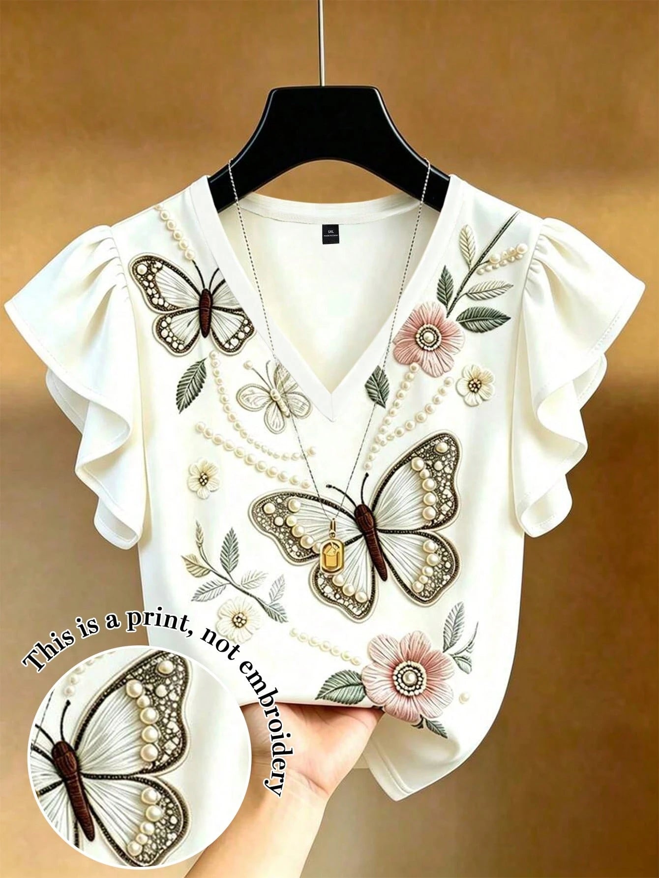 EMERY ROSE Plus Size French Elegant V-Neck Ruffle Trim Short Sleeve T-Shirt, Slim Fit Co