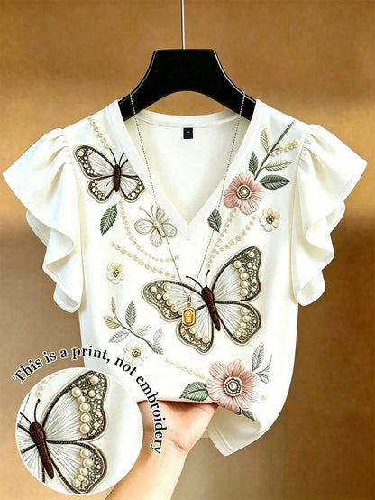 EMERY ROSE Plus Size French Elegant V-Neck Ruffle Trim Short Sleeve T-Shirt, Slim Fit Co