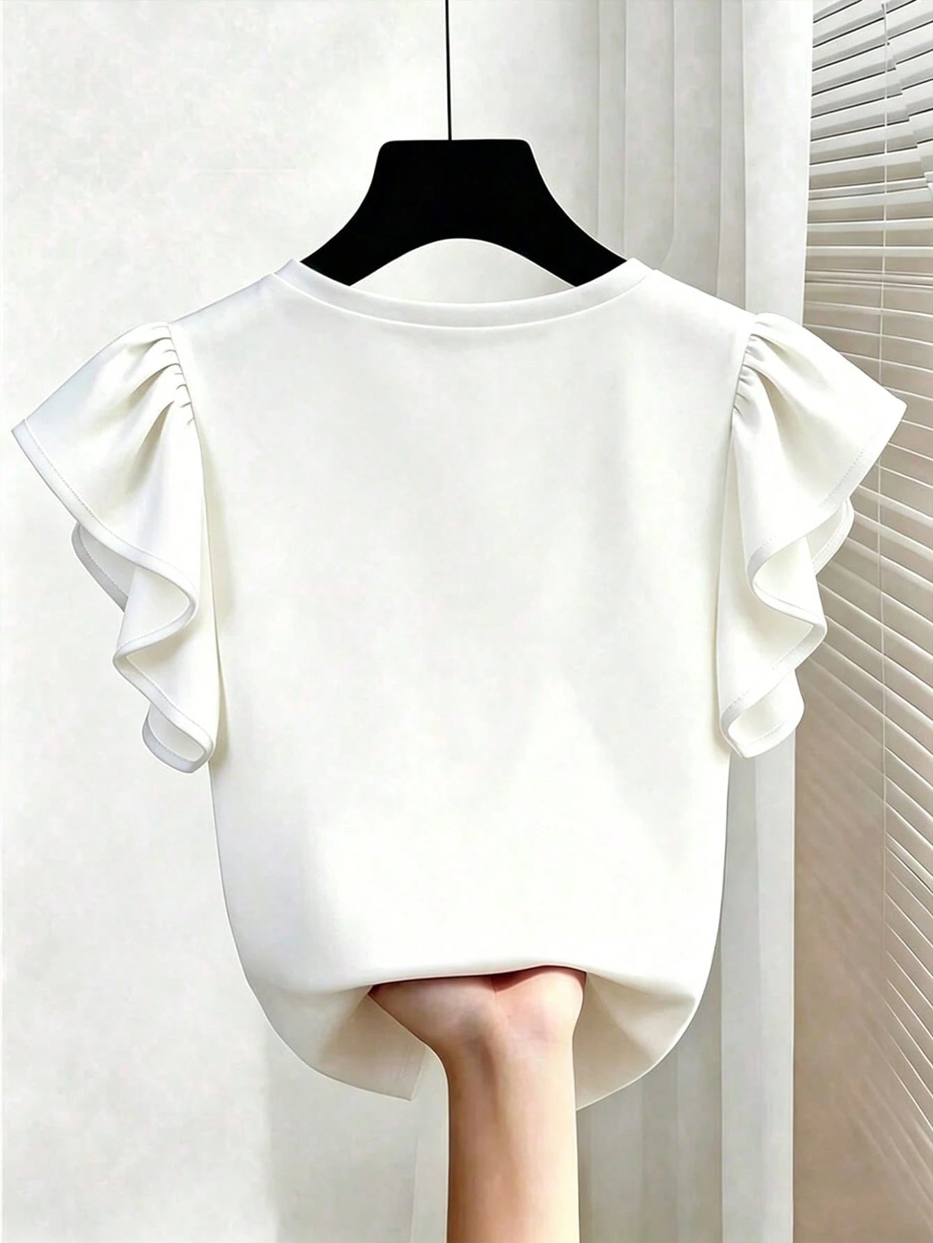 EMERY ROSE Plus Size French Elegant V-Neck Ruffle Trim Short Sleeve T-Shirt, Slim Fit Co