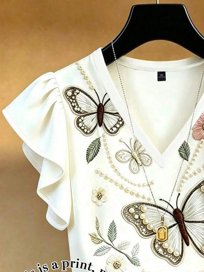 EMERY ROSE Plus Size French Elegant V-Neck Ruffle Trim Short Sleeve T-Shirt, Slim Fit Co