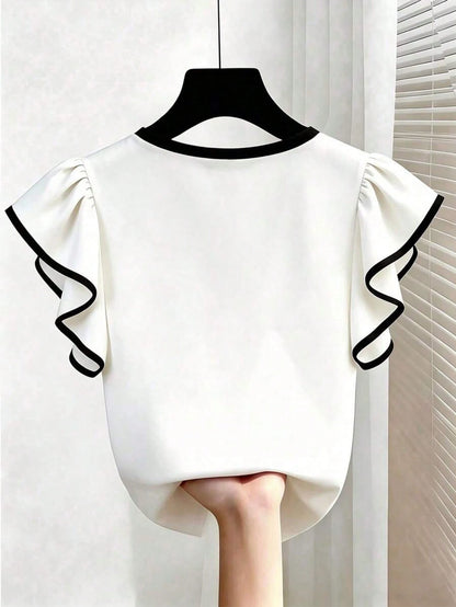 EMERY ROSE Plus Size French Elegant V-Neck Ruffle Trim Short Sleeve T-Shirt, Slim Fit Co