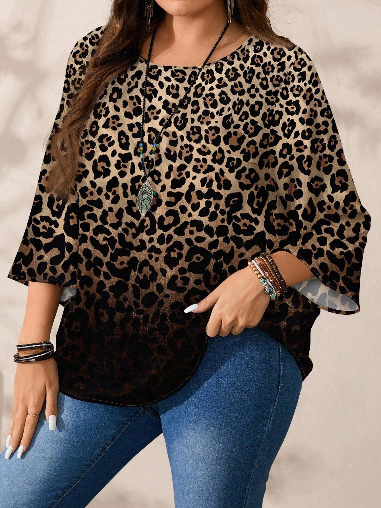 EMERY ROSE Plus Size Women Casual All-Over Print Loose Fit Round Neck 3/4 Sleeve Blouse,Spring/Summer/Vacation Fall
