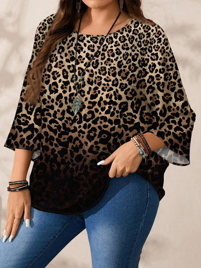 EMERY ROSE Plus Size Women Casual All-Over Print Loose Fit Round Neck 3/4 Sleeve Blouse,Spring/Summer/Vacation Fall