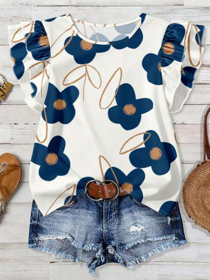 EMERY ROSE Plus Size Women Floral Print Round Neck Casual Versatile Daily Wear Shirt