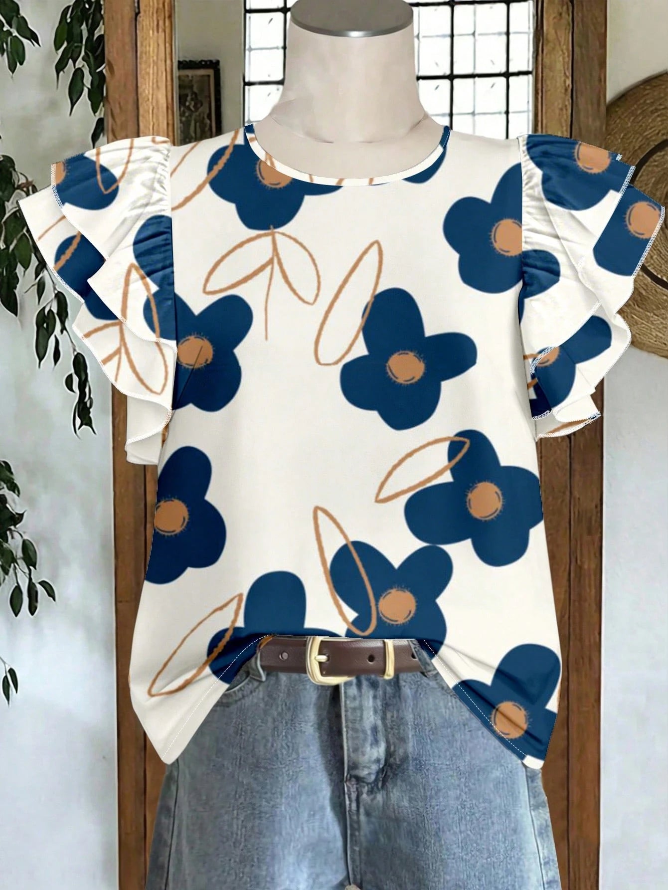EMERY ROSE Plus Size Women Floral Print Round Neck Casual Versatile Daily Wear Shirt