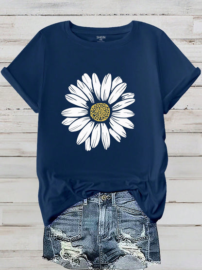 EMERY ROSE Plus Size Women's Floral Print Short Sleeve Casual T-Shirt, Women Round Neck Flower Pattern Top Graphic Tees Women Tops