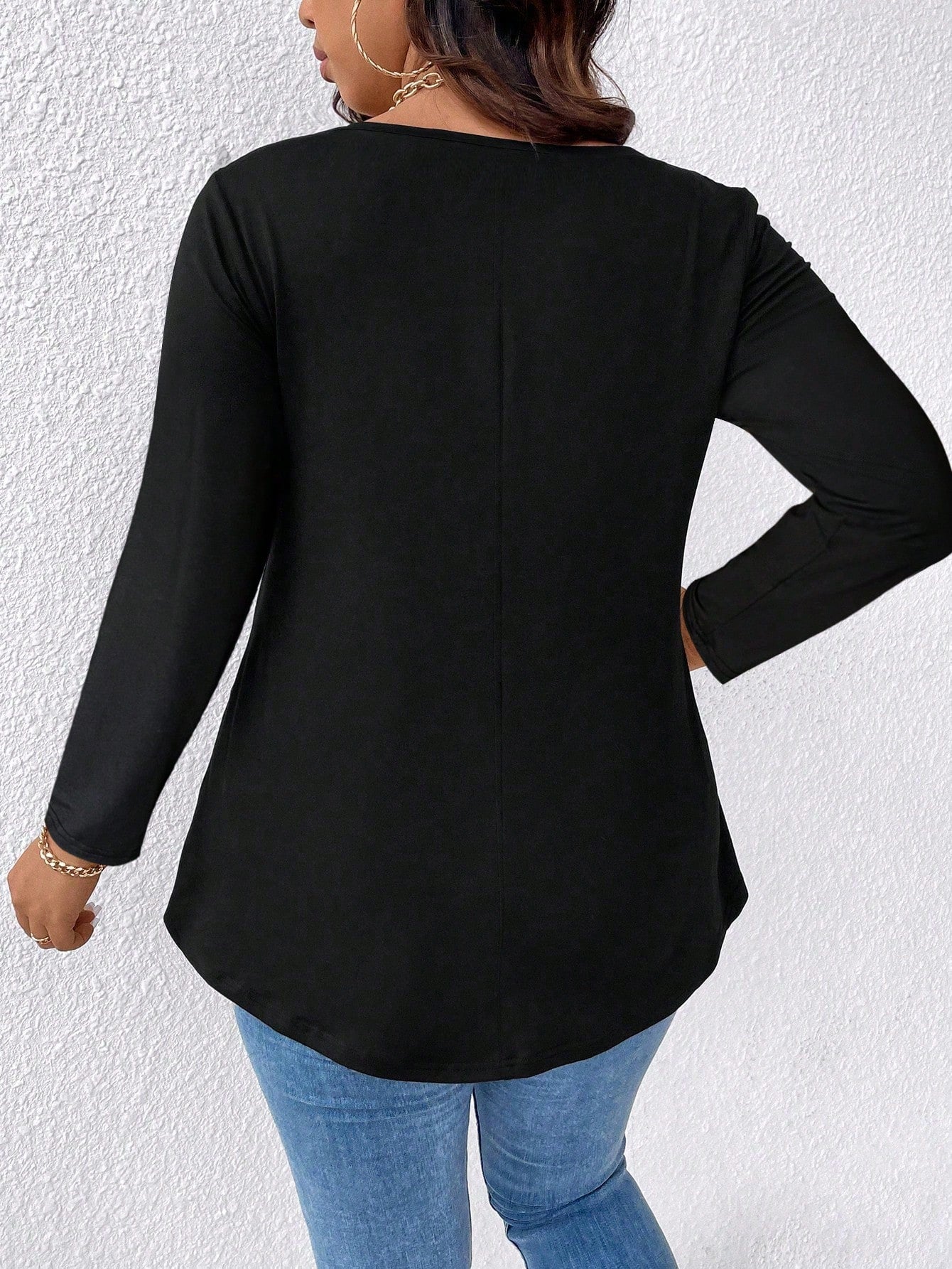 EMERY ROSE Plus Size Women's T-Shirt, Elegant Sexy Casual Minimalist Commute Versatile Mesh Patchwork V-Neck Design Long Sleeve Fall