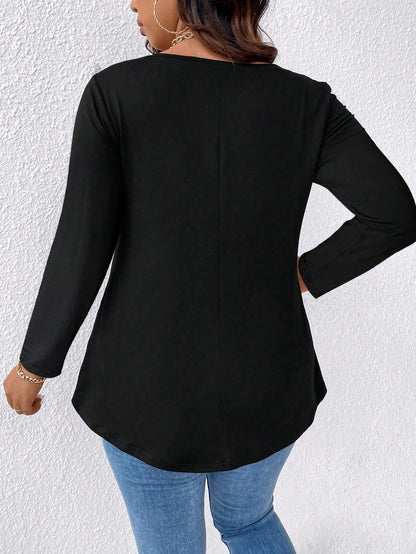 EMERY ROSE Plus Size Women's T-Shirt, Elegant Sexy Casual Minimalist Commute Versatile Mesh Patchwork V-Neck Design Long Sleeve Fall