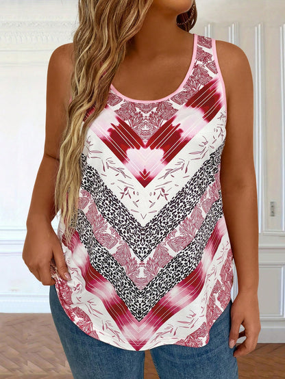 EMERY ROSE Plus Size Women's Vintage Striped & Plant Printed Loose Fit Round Neck Tank Top For Summer Graphic Tees Women Tops