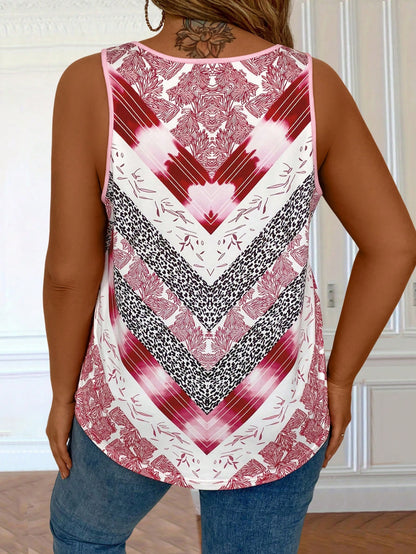 EMERY ROSE Plus Size Women's Vintage Striped & Plant Printed Loose Fit Round Neck Tank Top For Summer Graphic Tees Women Tops