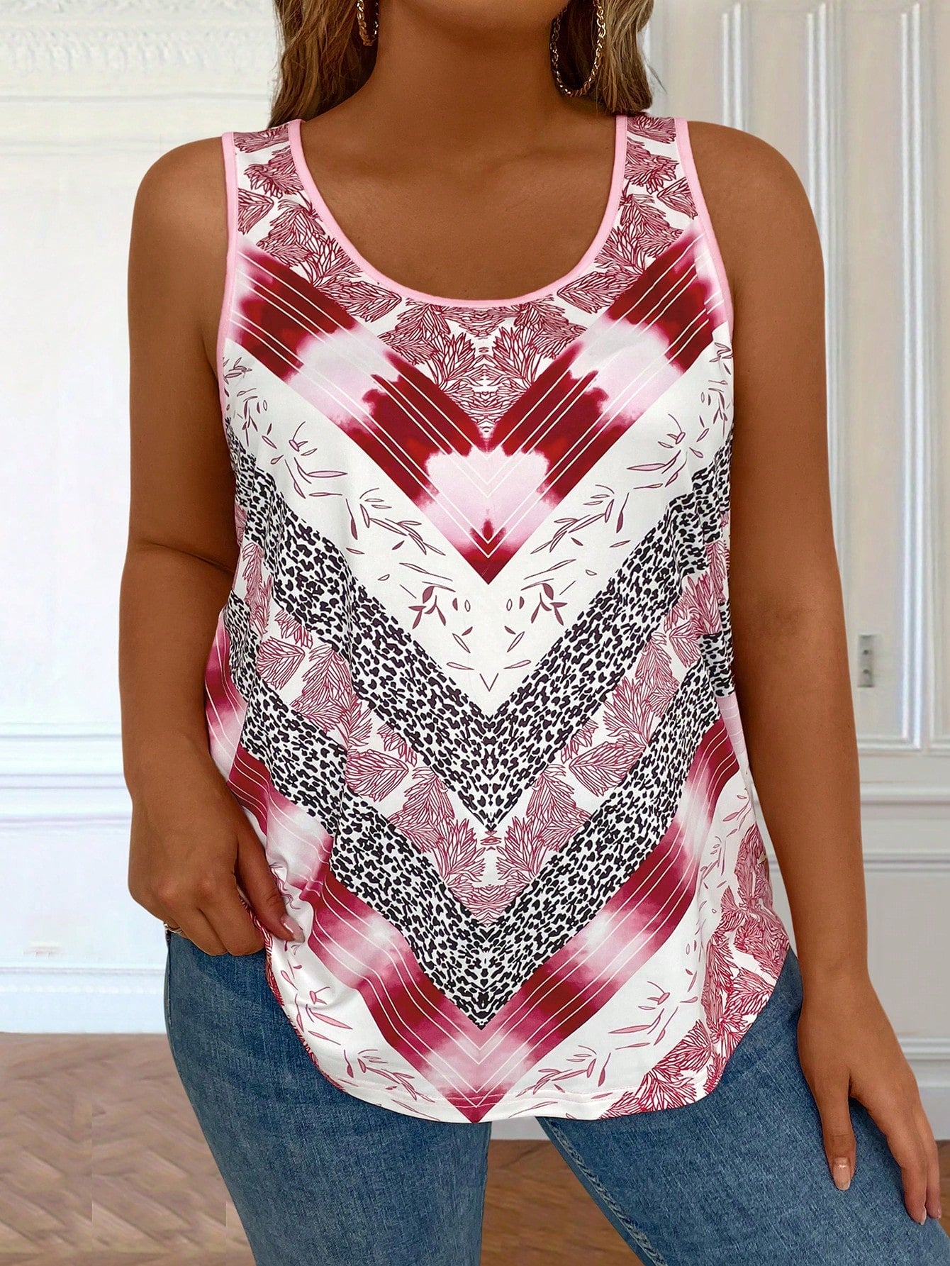 EMERY ROSE Plus Size Women's Vintage Striped & Plant Printed Loose Fit Round Neck Tank Top For Summer Graphic Tees Women Tops