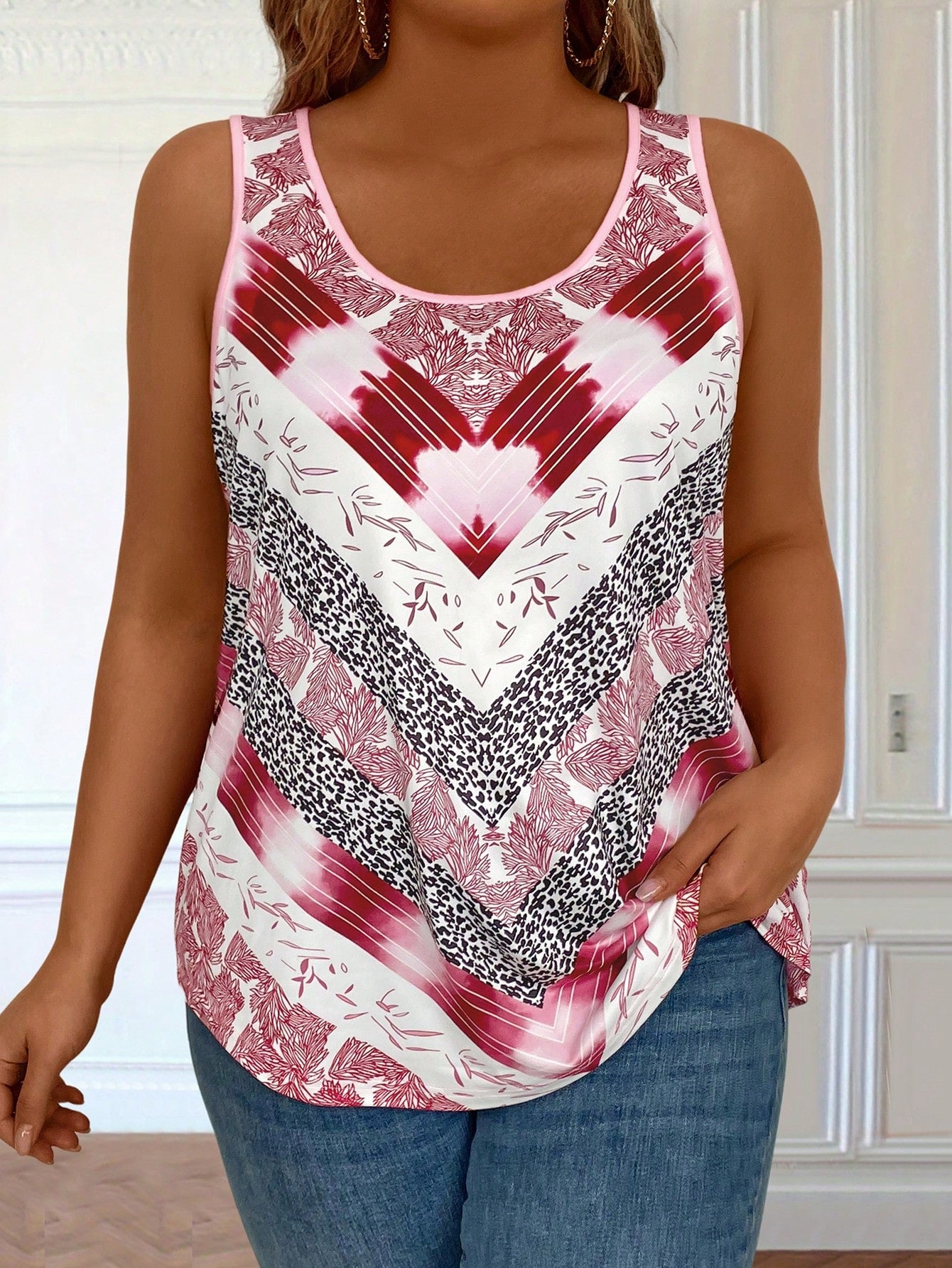 EMERY ROSE Plus Size Women's Vintage Striped & Plant Printed Loose Fit Round Neck Tank Top For Summer Graphic Tees Women Tops