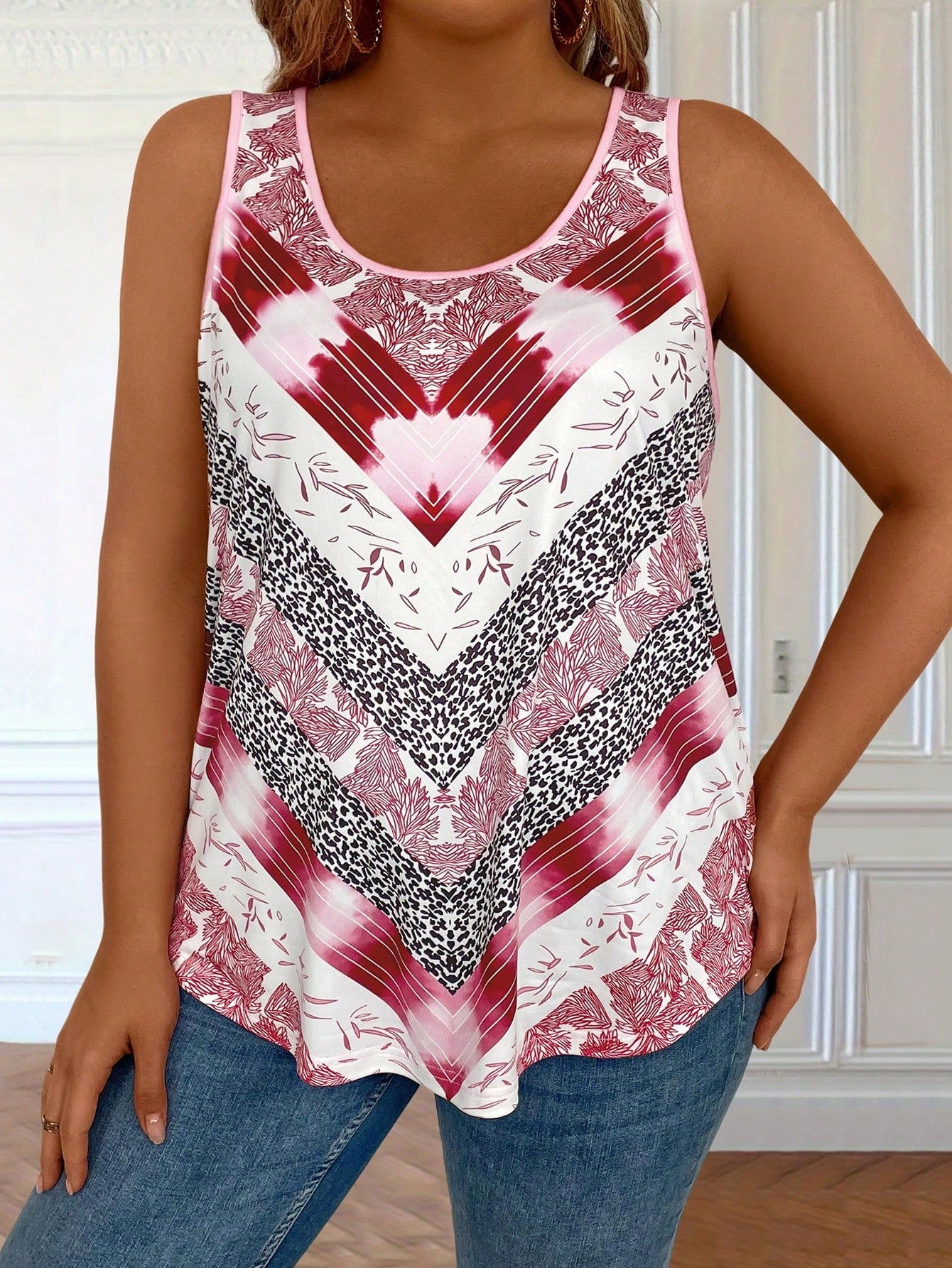 EMERY ROSE Plus Size Women's Vintage Striped & Plant Printed Loose Fit Round Neck Tank Top For Summer Graphic Tees Women Tops