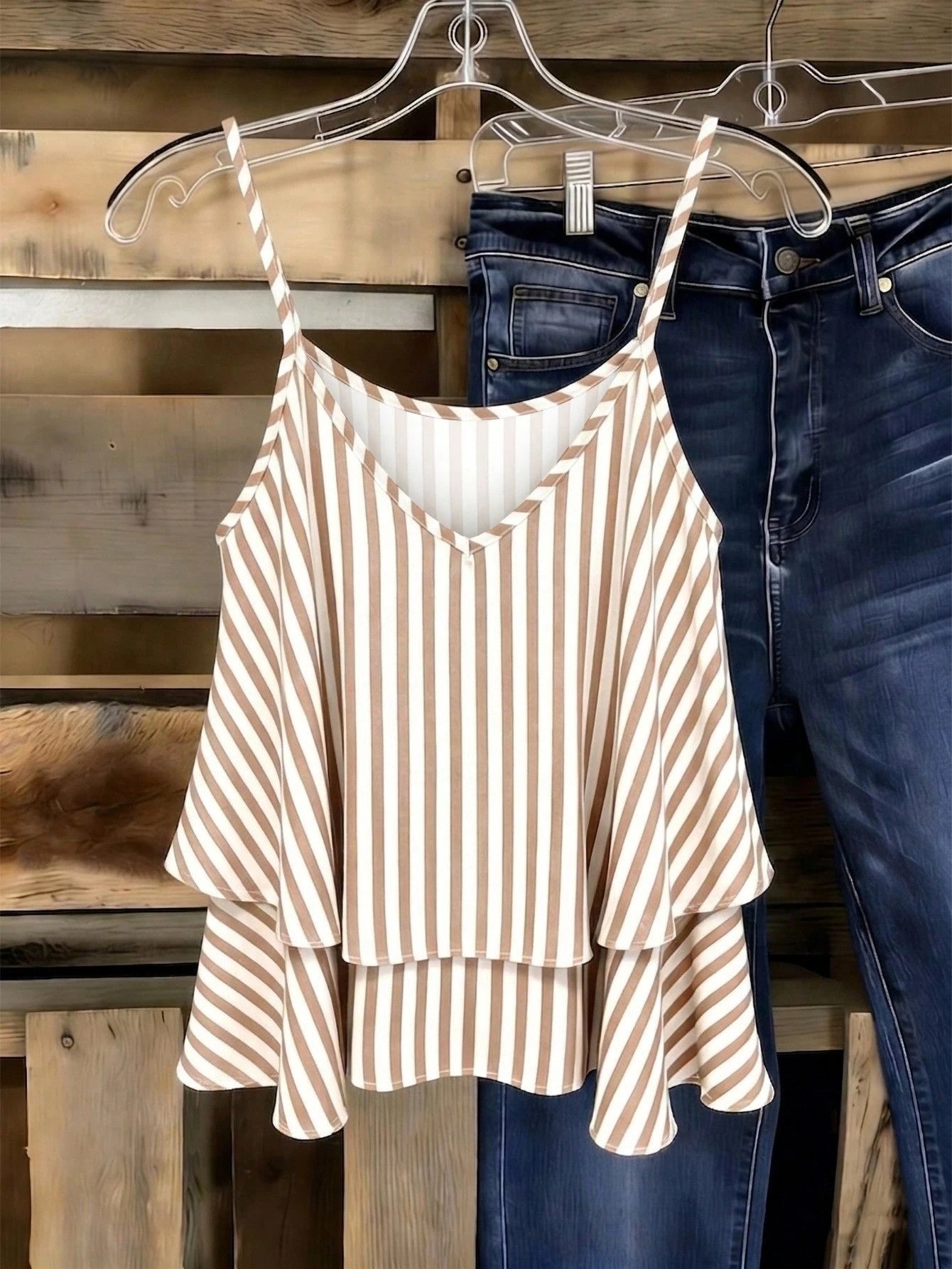 EMERY ROSE Plus Size Women Striped Camisole, Casual Layered Sleeveless Top, Bohemian Vertical Striped Spaghetti Strap Blouse, Suitable For Summer Wear