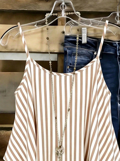 EMERY ROSE Plus Size Women Striped Camisole, Casual Layered Sleeveless Top, Bohemian Vertical Striped Spaghetti Strap Blouse, Suitable For Summer Wear