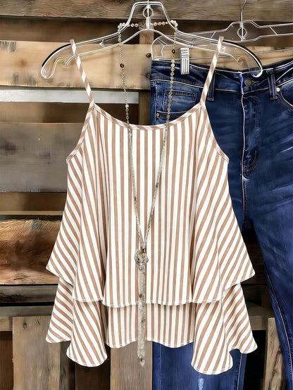 EMERY ROSE Plus Size Women Striped Camisole, Casual Layered Sleeveless Top, Bohemian Vertical Striped Spaghetti Strap Blouse, Suitable For Summer Wear
