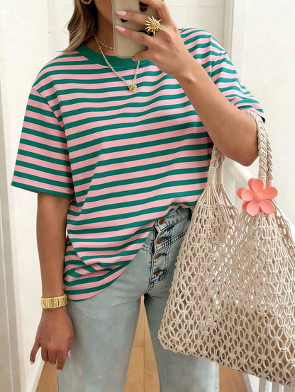 EMERY ROSE Striped Round Neck Casual Short Sleeved T-Shirt, Plus Size Women's T-Shirt, Summer