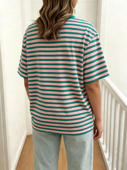 EMERY ROSE Striped Round Neck Casual Short Sleeved T-Shirt, Plus Size Women's T-Shirt, Summer