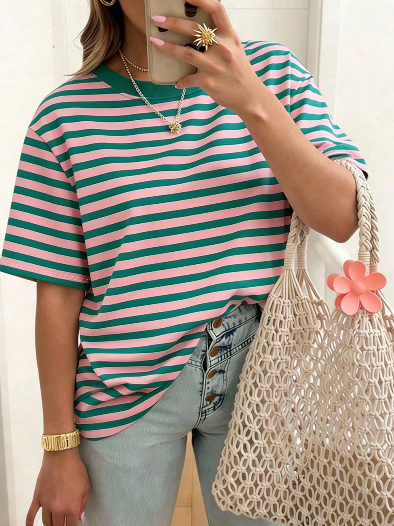 EMERY ROSE Striped Round Neck Casual Short Sleeved T-Shirt, Plus Size Women's T-Shirt, Summer