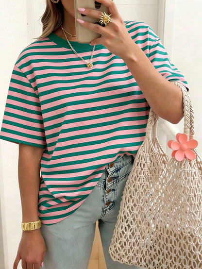 EMERY ROSE Striped Round Neck Casual Short Sleeved T-Shirt, Plus Size Women's T-Shirt, Summer