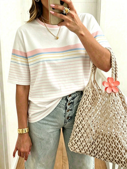 EMERY ROSE Striped Round Neck Casual Short Sleeved T-Shirt, Plus Size Women's T-Shirt, Summer