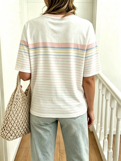 EMERY ROSE Striped Round Neck Casual Short Sleeved T-Shirt, Plus Size Women's T-Shirt, Summer