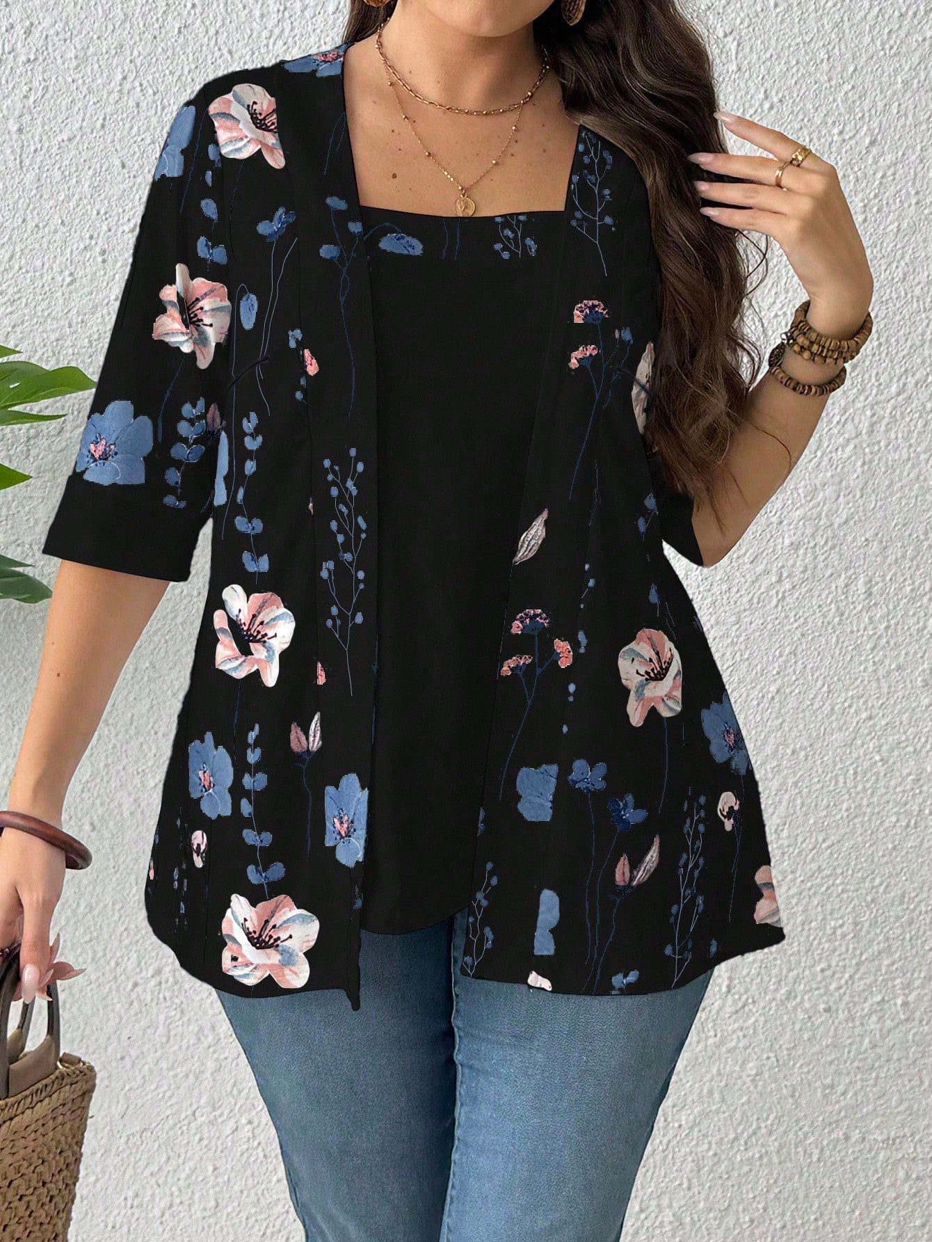 EMERY ROSE Summer Women's Floral Leaf Printed Patchwork 2 In 1 T-Shirt Graphic Tees Women Tops Spring To Summer Plus Size Smart Casual Plus Size
