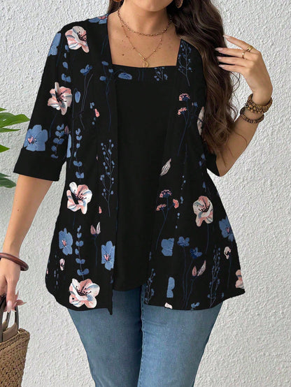 EMERY ROSE Summer Women's Floral Leaf Printed Patchwork 2 In 1 T-Shirt Graphic Tees Women Tops Spring To Summer Plus Size Smart Casual Plus Size