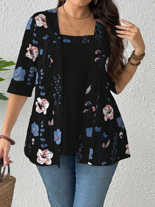 EMERY ROSE Summer Women's Floral Leaf Printed Patchwork 2 In 1 T-Shirt Graphic Tees Women Tops Spring To Summer Plus Size Smart Casual Plus Size